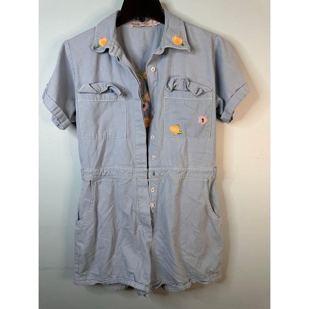 Light Blue Floral-Trim Short Sleeve Romper